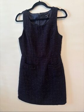 Sleeveless Sparkly Tweed Shift Dress in Dark Navy